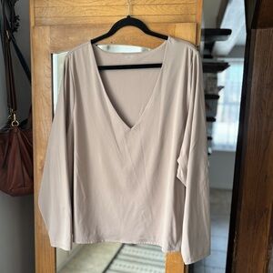 # 54- Navy Women's Long Sleeve V-Neck Top - Beige